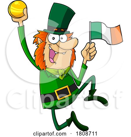 Cartoon Leprechaun Holding a Flag and Jumping with a Coin by Hit Toon