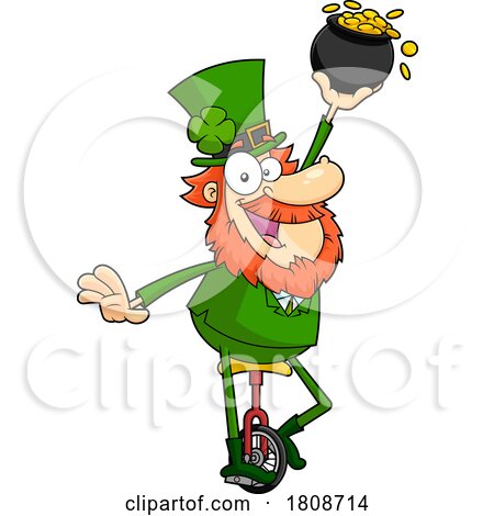 Cartoon Leprechaun Riding a Unicycle with a Pot of Gold by Hit Toon