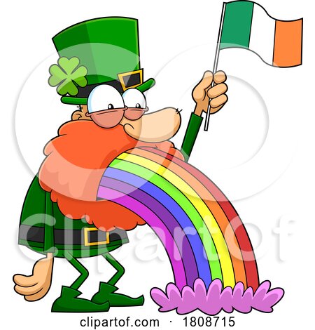 Cartoon Leprechaun Waving an Irish Flag and Puking a Rainbow by Hit Toon