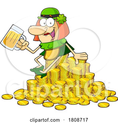 Cartoon Leprechaun Lady Drinking Beer on a Pile of Gold by Hit Toon