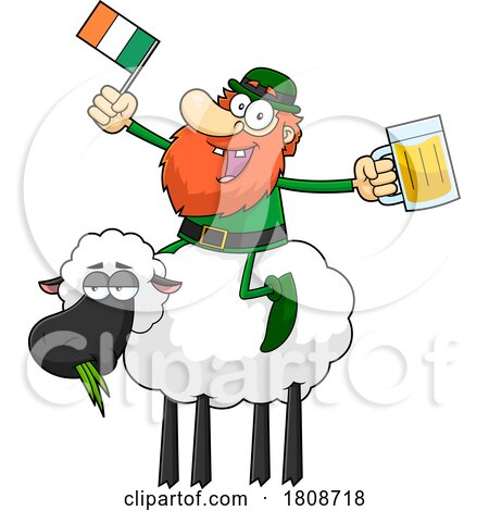 Cartoon Leprechaun with a Flag and Beer on a Sheep by Hit Toon