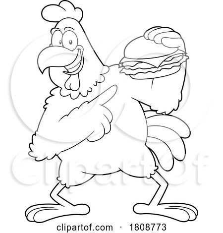Cartoon Black and White Rooster Mascot Character with a Chicken Burger by Hit Toon