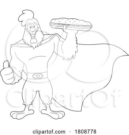 Cartoon Black and White Super Rooster Chicken Mascot Character with a Sandwich by Hit Toon