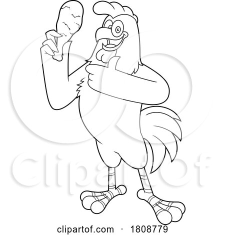 Cartoon Black and White Rooster Mascot Character with a Chicken Leg by Hit Toon