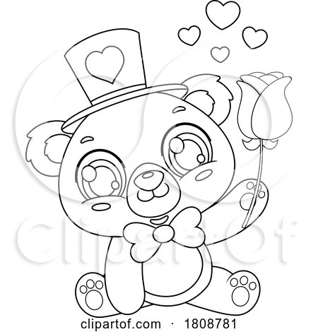 Cartoon Black and White Valentines Day Bear Mascot with a Rose by Hit Toon