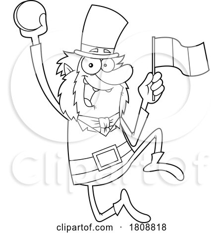 Cartoon Black and White Leprechaun Holding a Flag and Jumping with a Coin by Hit Toon