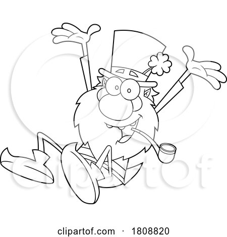 Cartoon Black and White Leprechaun Smoking a Pipe and Jumping by Hit Toon