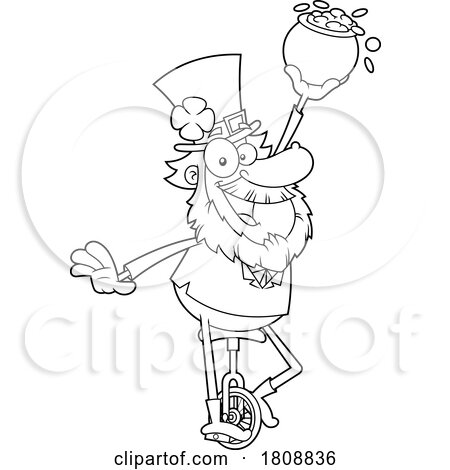 Cartoon Black and White Leprechaun Riding a Unicycle with a Pot of Gold by Hit Toon