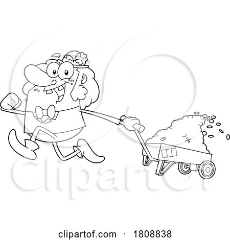 Cartoon Black and White Leprechaun Running with a Wagon of Gold by Hit Toon