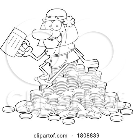 Cartoon Black and White Leprechaun Lady Drinking Beer on a Pile of Gold by Hit Toon