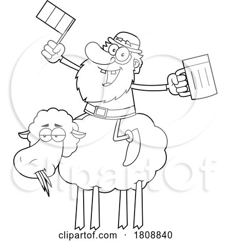 Cartoon Black and White Leprechaun with a Flag and Beer on a Sheep by Hit Toon