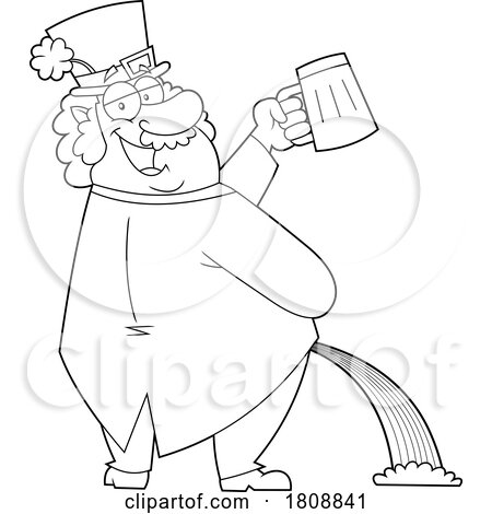 Cartoon Black and White Drunk Leprechaun Holding a Beer and Peeing a Rainbow by Hit Toon