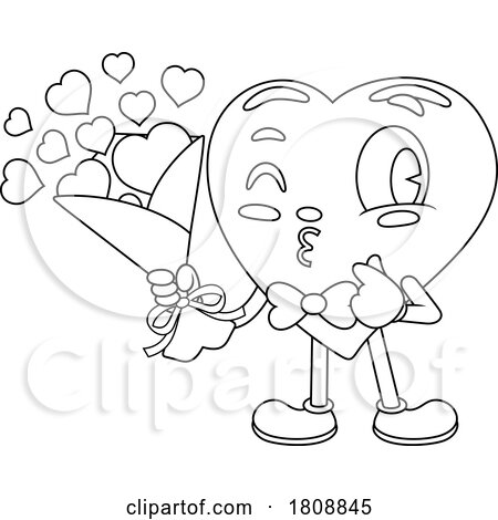 Cartoon Black and White Valentines Day Heart Mascot with a Bouquet by Hit Toon