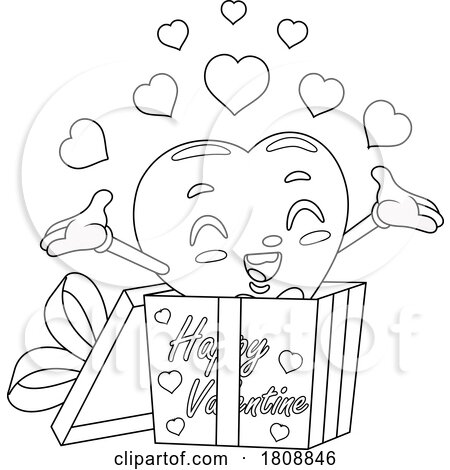 Cartoon Black and White Valentines Day Heart Mascot Popping out of a Gift Box by Hit Toon