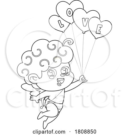 Cartoon Black and White Valentines Day Cupid with Love Balloons by Hit Toon