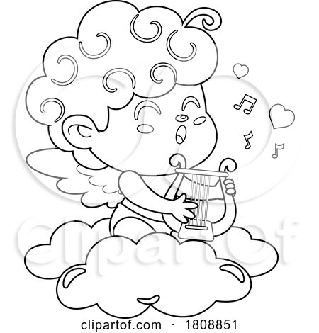 Cartoon Black and White Valentines Day Cupid Playing a Lyre on a Cloud by Hit Toon