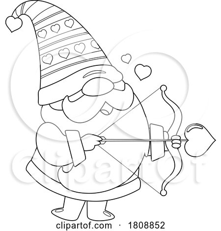 Cartoon Black and White Valentines Day Gnome Aiming Cupids Arrow by Hit Toon