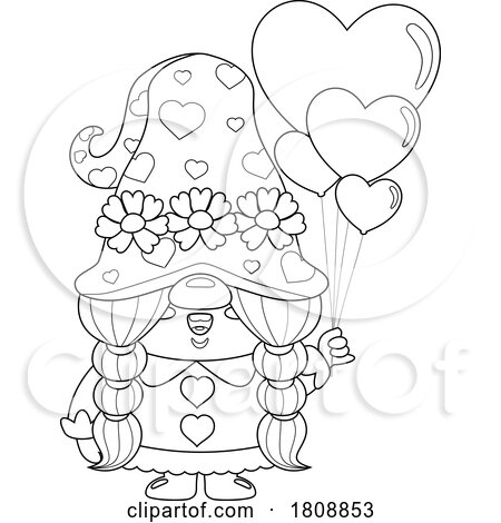 Cartoon Black and White Valentines Day Gnome with Heart Balloons by Hit Toon