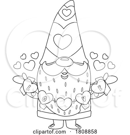 Cartoon Black and White Valentines Day Gnome with a Strand of Hearts by Hit Toon