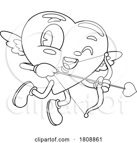 Cartoon Black and White Valentines Day Heart Mascot Aiming Cupids Arrow by Hit Toon