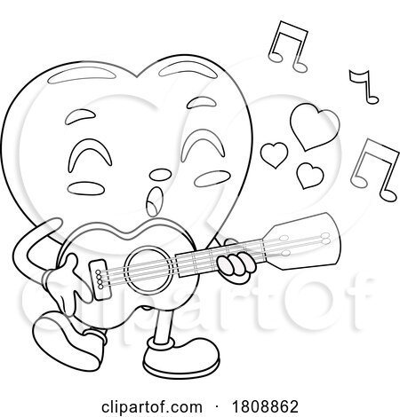 Cartoon Black and White Valentines Day Heart Mascot Playing a Guitar by Hit Toon
