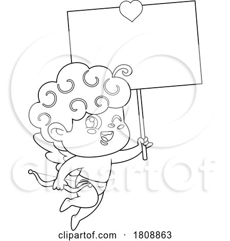 Cartoon Black and White Valentines Day Cupid with a Sign by Hit Toon