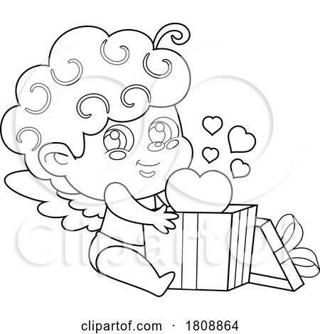 Cartoon Black and White Valentines Day Cupid with a Gift by Hit Toon