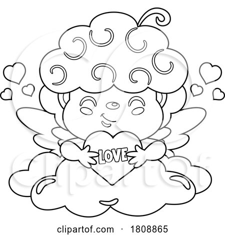 Cartoon Black and White Valentines Day Cupid with a Heart on a Cloud by Hit Toon
