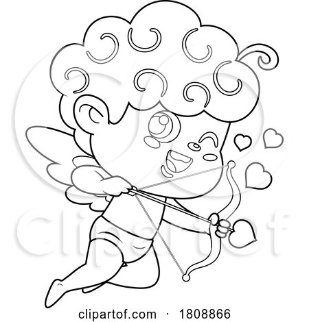 Cartoon Black and White Valentines Day Cupid with a Bow and Arrow by Hit Toon