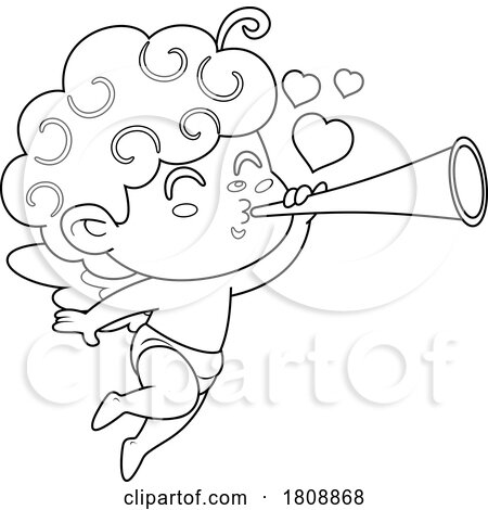 Cartoon Black and White Valentines Day Cupid with a Horn by Hit Toon
