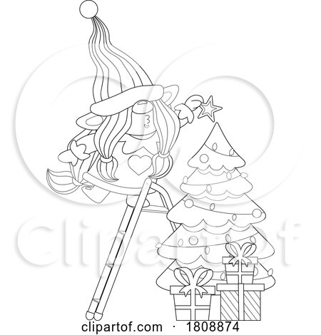 Cartoon Black and White Christmas Gnome Putting a Star on a Tree by Hit Toon