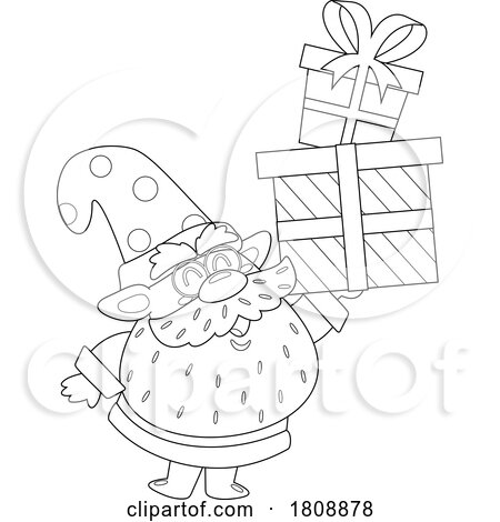 Cartoon Black and White Christmas Santa Gnome Carrying Gifts by Hit Toon