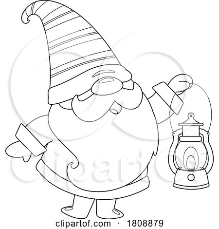 Cartoon Black and White Christmas Santa Gnome with a Lantern by Hit Toon