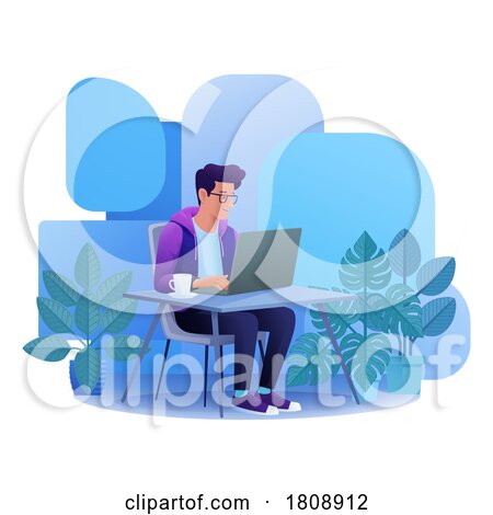 Man Using Laptop Computer Cartoon Illustration by AtStockIllustration