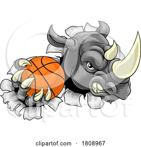 Rhino Rhinoceros Basketball Cartoon Sports Mascot by AtStockIllustration