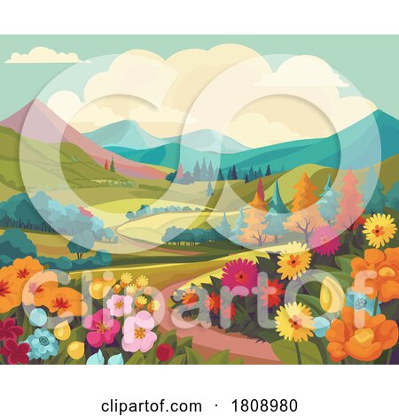 Fields Hills Flowers Country Landscape Background by AtStockIllustration