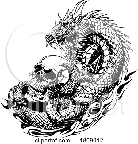 Black and White Chinese Dragon wIth a Skull by dero