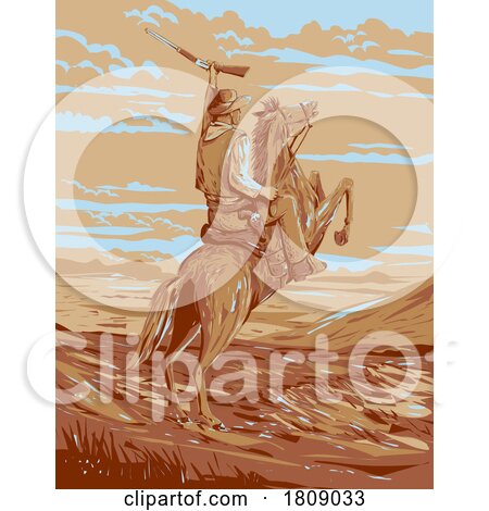 Cowboy Riding Prancing Horse in Plains of Wild West WPA Poster Art by patrimonio