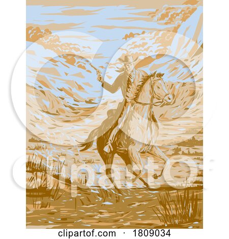 Cowboy Riding Horse in Plains of Wild West WPA Poster Art by patrimonio