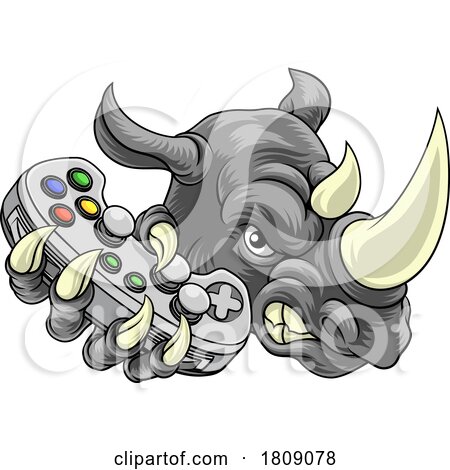 Rhino Rhinoceros Gamer Gaming Cartoon Mascot by AtStockIllustration