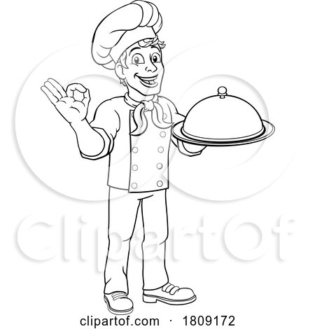 Chef Cook Baker Man Cartoon Holding Domed Tray by AtStockIllustration