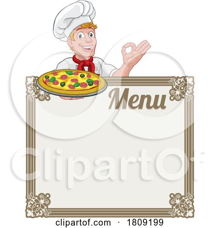 Pizza Chef Cook Cartoon Man Menu Sign Background by AtStockIllustration