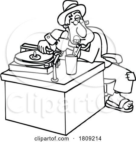 Cartoon Male Disc Jockey Changing a Vinyl Record and Talking into a Mic by djart