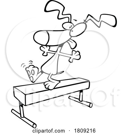 Clipart Black and White Cartoon of a Dog on a Balance Beam by toonaday