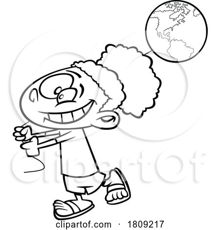 Clipart Black and White Cartoon of a Girl with an Earth Day Balloon by toonaday