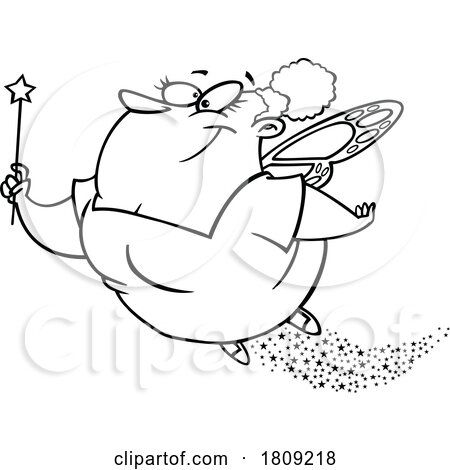 Clipart Black and White Cartoon of a Flying Fairy Godmother by toonaday