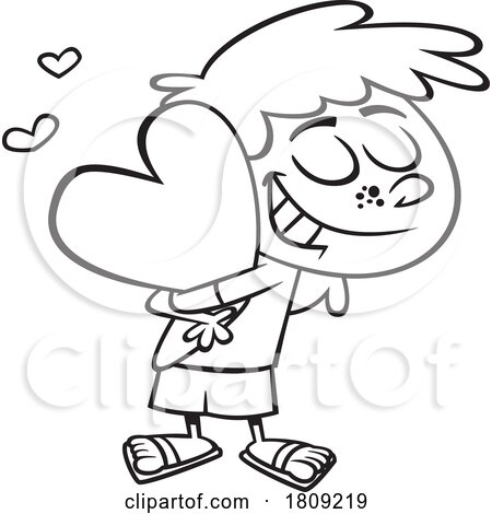 Clipart Black and White Cartoon of a Girl Hugging a Valentine Heart by toonaday