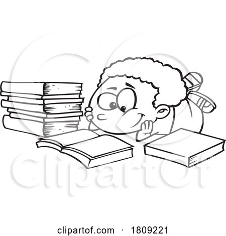 Clipart Black and White Cartoon of a Boy Resting on the Ground and Reading a Book by toonaday
