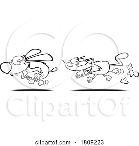 Clipart Black and White Cartoon of a Cat and Dog Playing Pet Tag by toonaday
