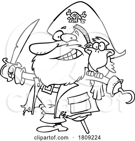 Clipart Black and White Cartoon of a Pirate with His Parrot by toonaday